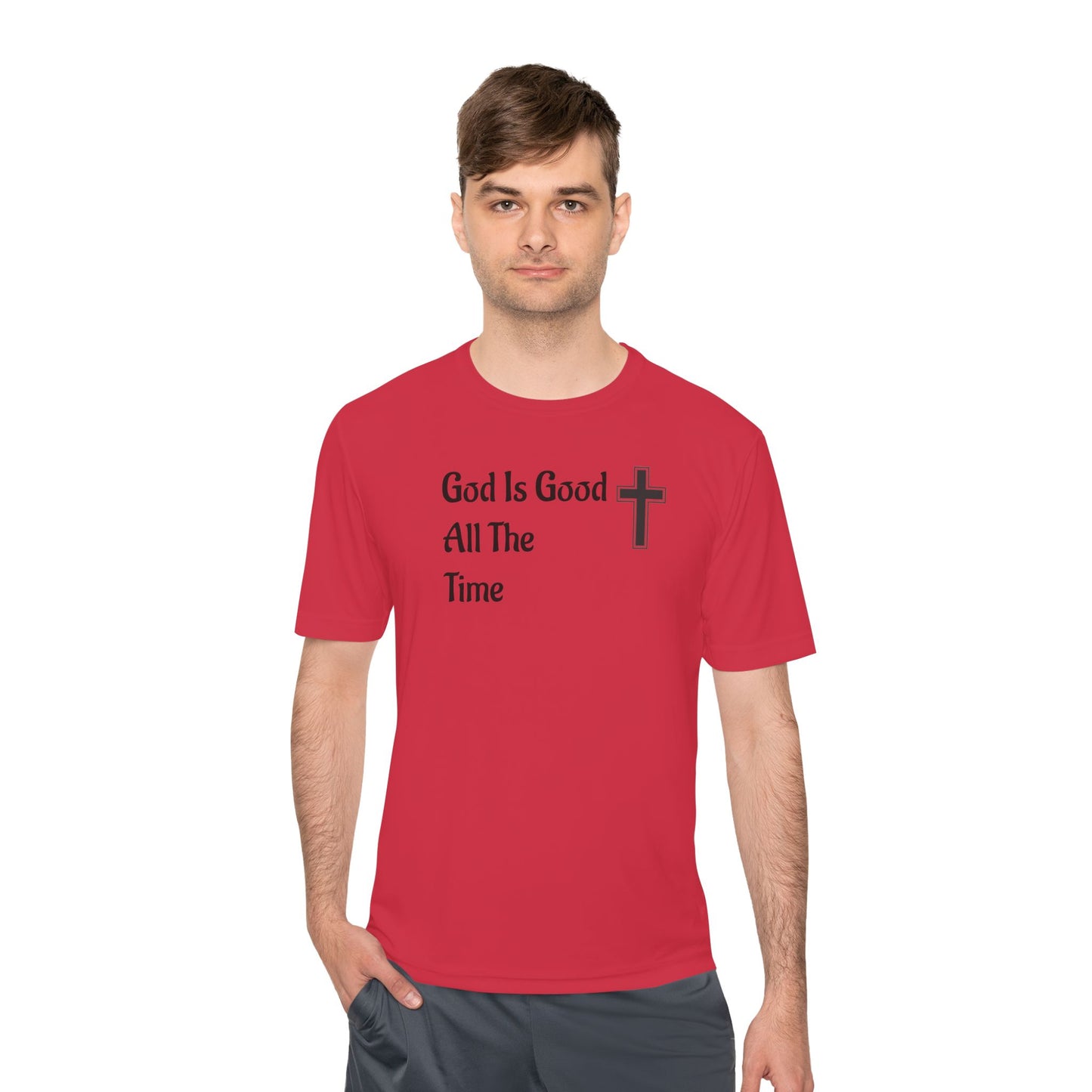 Faith-Inspired Moisture Wicking Tee, Christian Workout Shirt, Inspirational Fitness Top, Bible Verse Athletic Wear, God is Good Tee