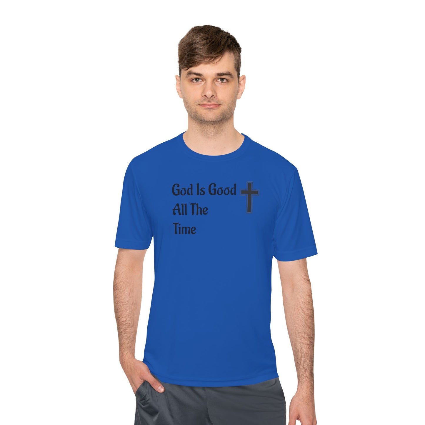 Faith-Inspired Moisture Wicking Tee, Christian Workout Shirt, Inspirational Fitness Top, Bible Verse Athletic Wear, God is Good Tee