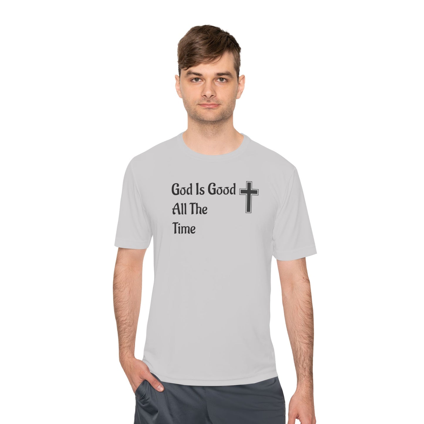 Faith-Inspired Moisture Wicking Tee, Christian Workout Shirt, Inspirational Fitness Top, Bible Verse Athletic Wear, God is Good Tee