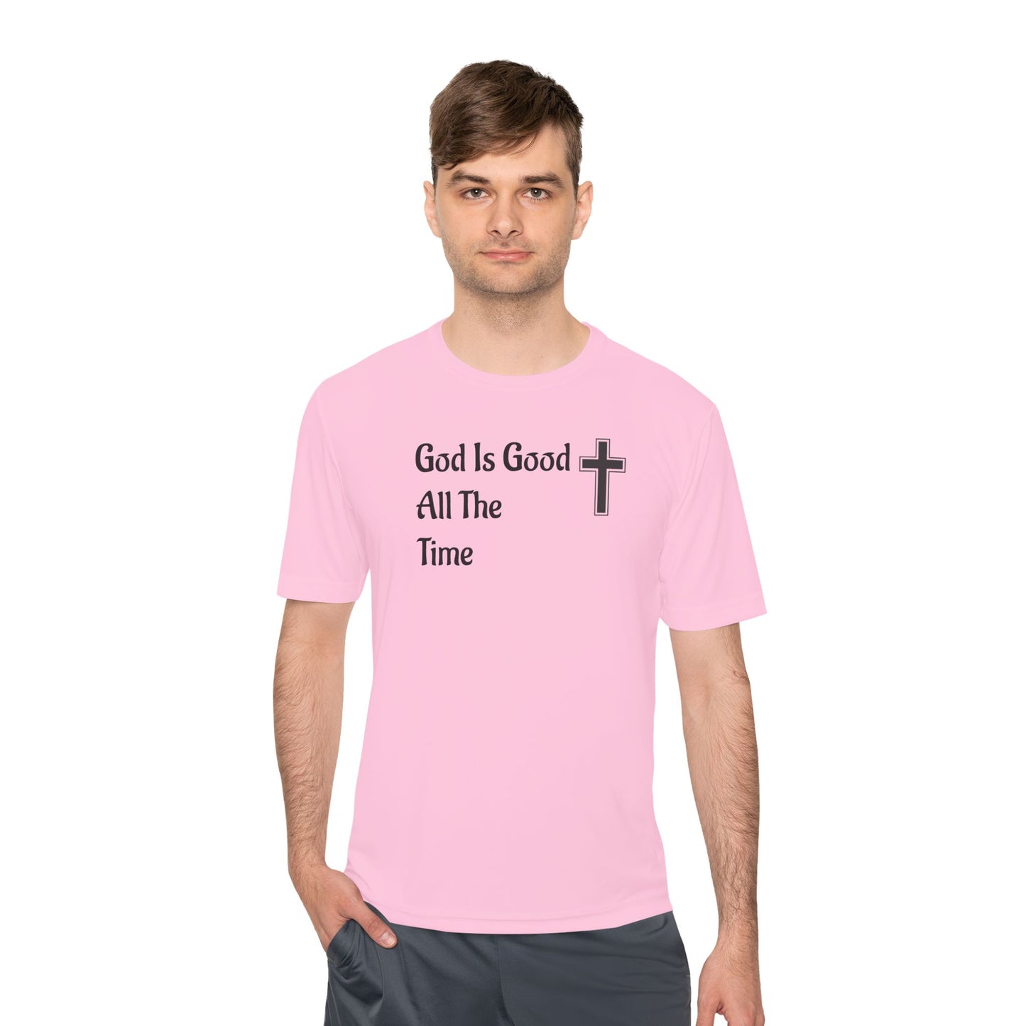 Faith-Inspired Moisture Wicking Tee, Christian Workout Shirt, Inspirational Fitness Top, Bible Verse Athletic Wear, God is Good Tee