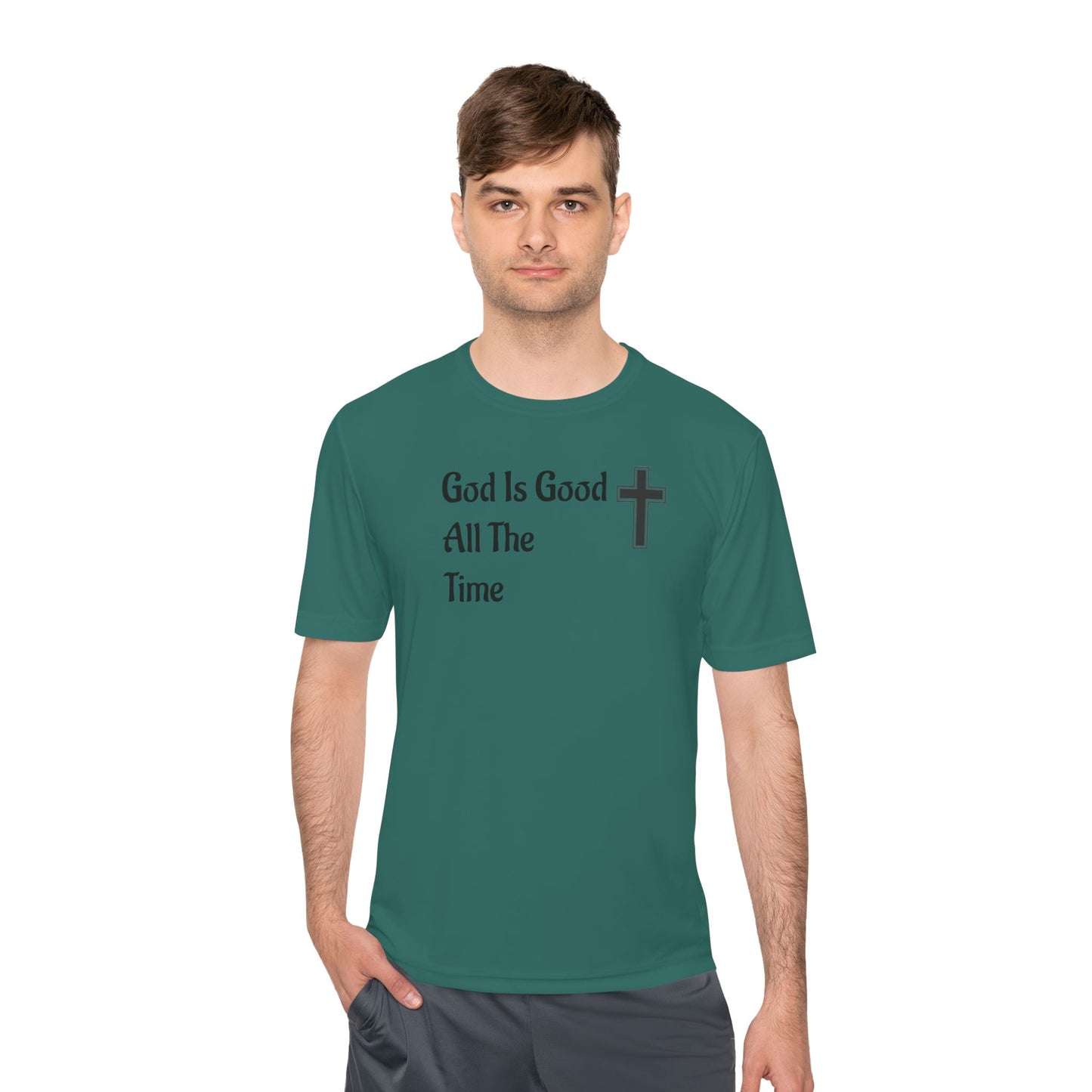 Faith-Inspired Moisture Wicking Tee, Christian Workout Shirt, Inspirational Fitness Top, Bible Verse Athletic Wear, God is Good Tee