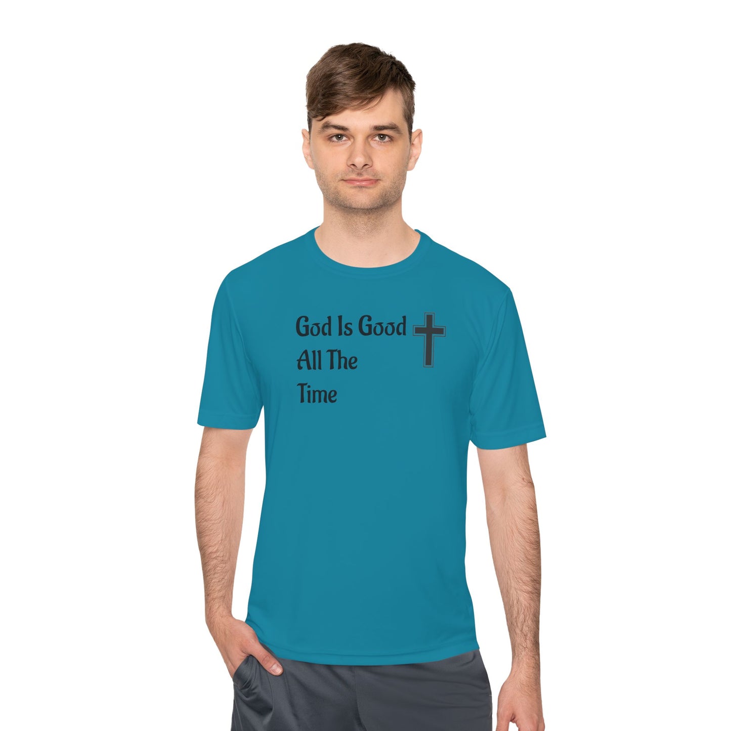 Faith-Inspired Moisture Wicking Tee, Christian Workout Shirt, Inspirational Fitness Top, Bible Verse Athletic Wear, God is Good Tee