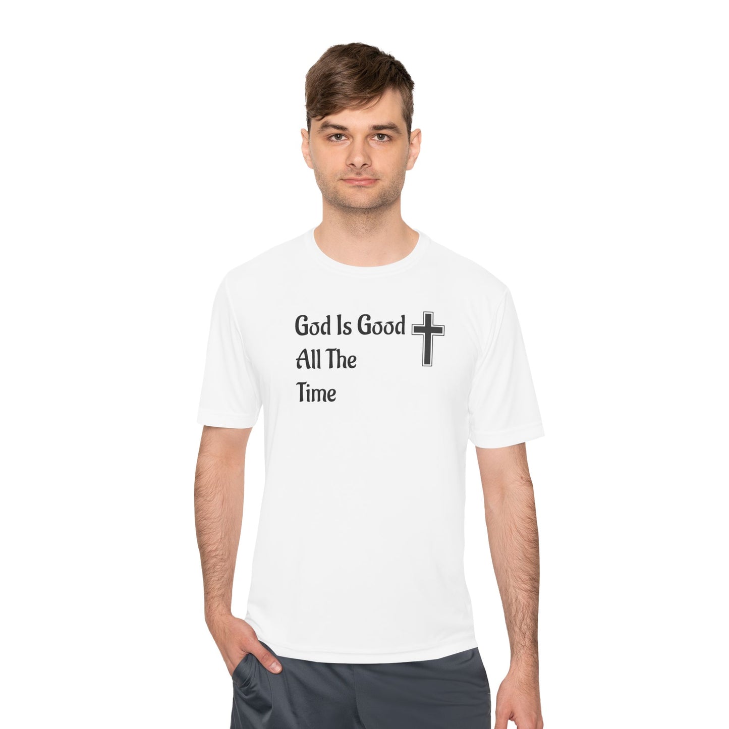 Faith-Inspired Moisture Wicking Tee, Christian Workout Shirt, Inspirational Fitness Top, Bible Verse Athletic Wear, God is Good Tee