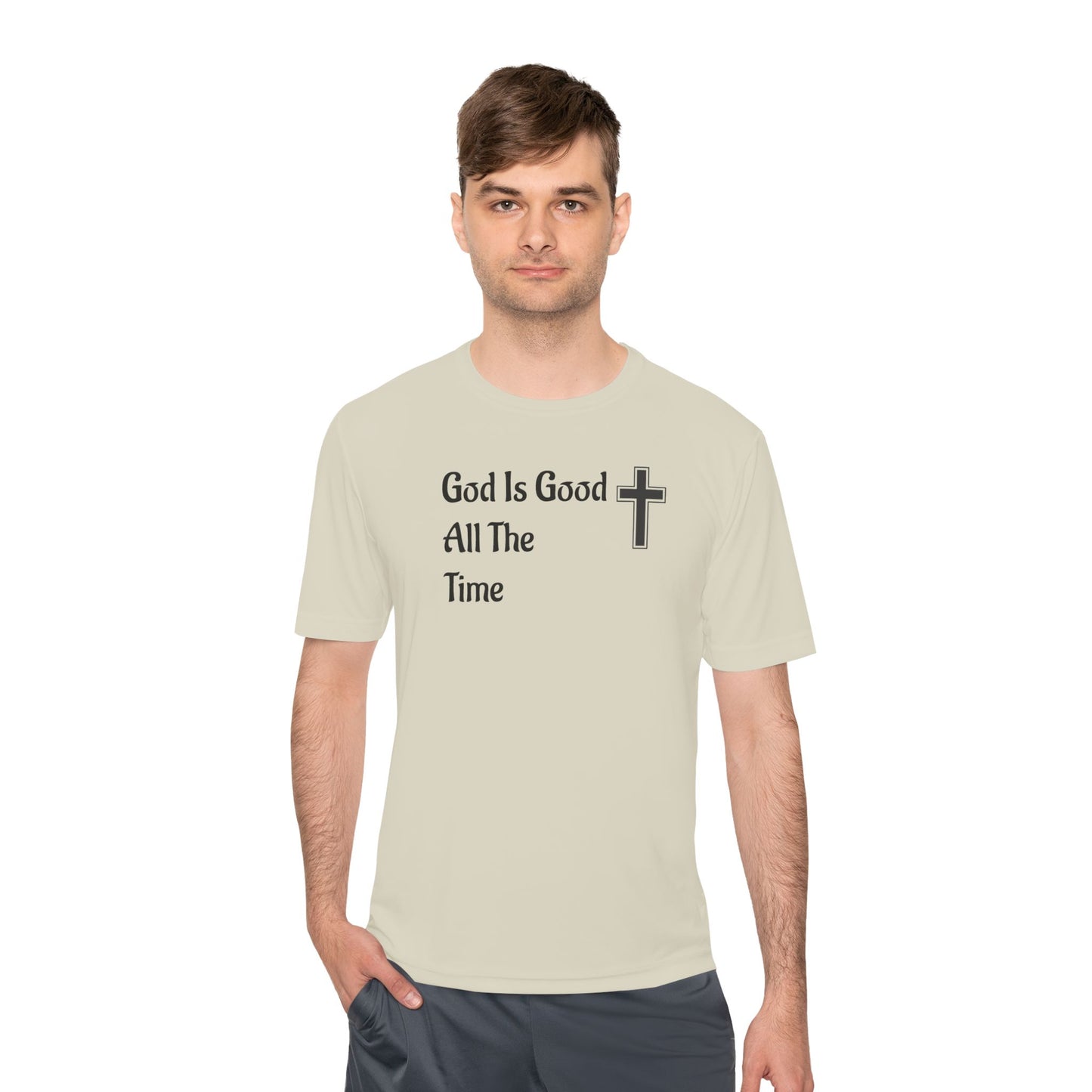Faith-Inspired Moisture Wicking Tee, Christian Workout Shirt, Inspirational Fitness Top, Bible Verse Athletic Wear, God is Good Tee