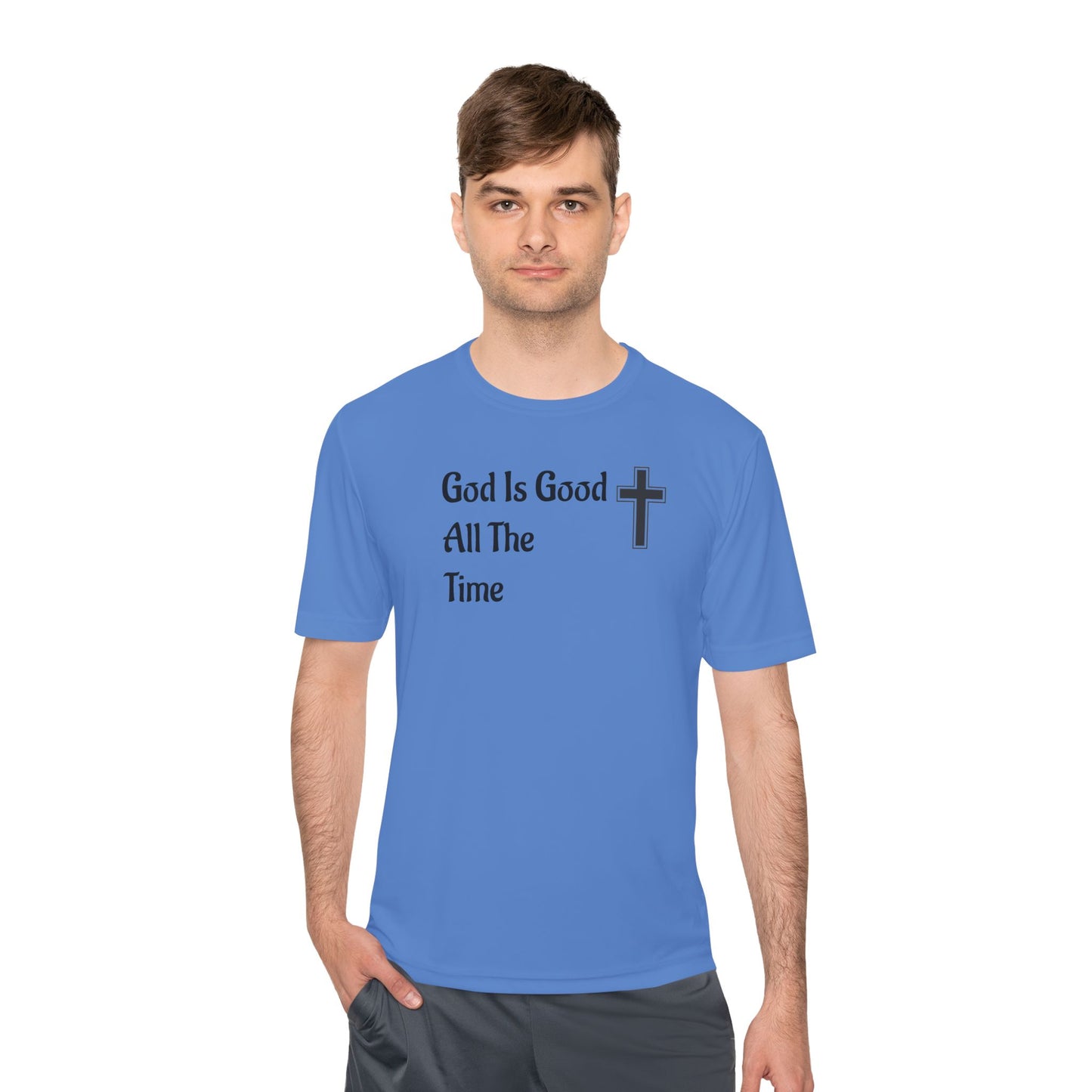 Faith-Inspired Moisture Wicking Tee, Christian Workout Shirt, Inspirational Fitness Top, Bible Verse Athletic Wear, God is Good Tee