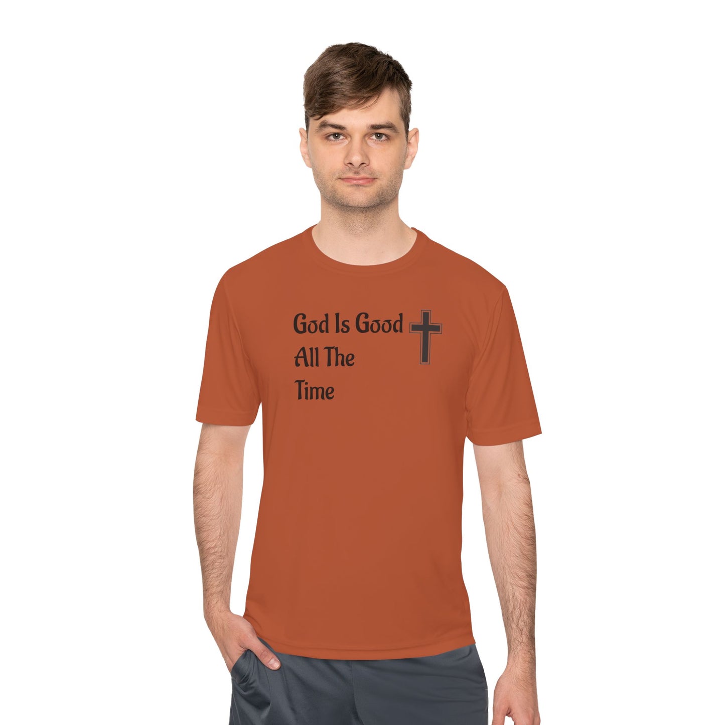 Faith-Inspired Moisture Wicking Tee, Christian Workout Shirt, Inspirational Fitness Top, Bible Verse Athletic Wear, God is Good Tee