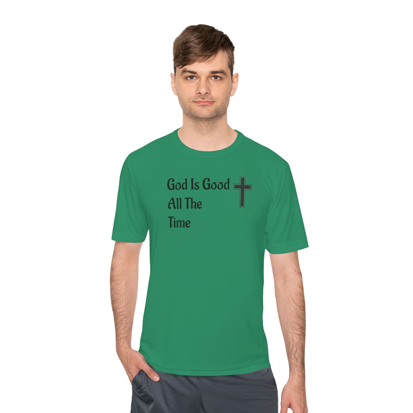 Faith-Inspired Moisture Wicking Tee, Christian Workout Shirt, Inspirational Fitness Top, Bible Verse Athletic Wear, God is Good Tee