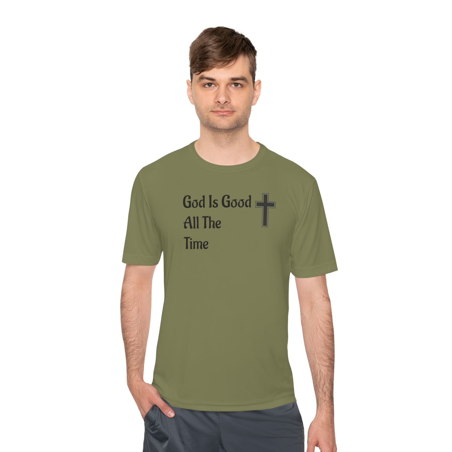 Faith-Inspired Moisture Wicking Tee, Christian Workout Shirt, Inspirational Fitness Top, Bible Verse Athletic Wear, God is Good Tee